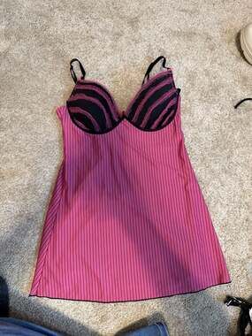 Vintage Hot Kiss Pink and Black Pinstripe Babydoll Lingerie Slip Dress